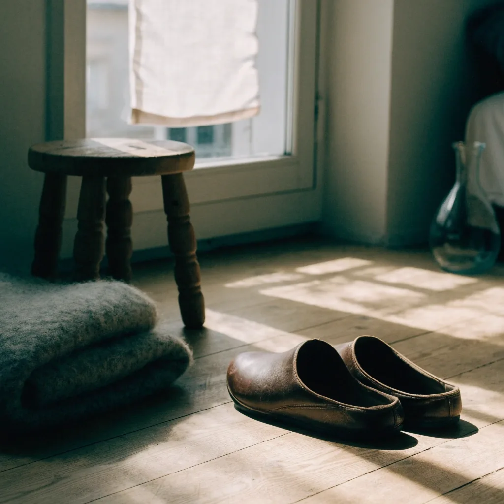 Folded wool blanket and a glass carafe on a birch floor in soft morning light
