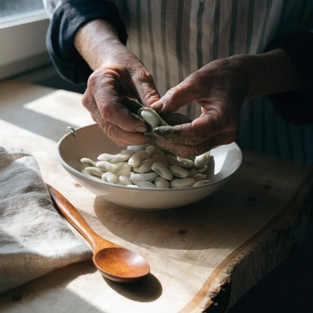 Hands shelling broad beans into a ceramic bowl on a birch counter in morning light