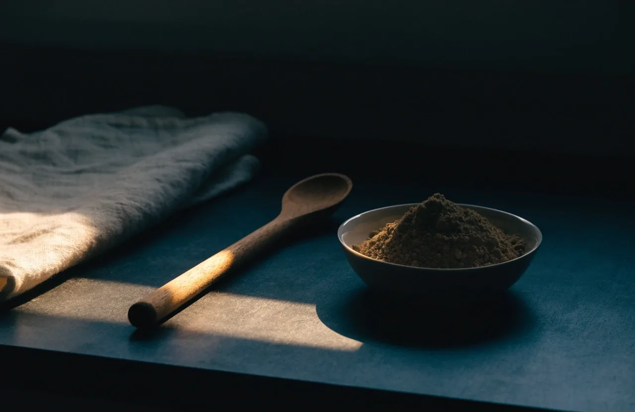 Linen cloth and a wooden spoon beside a bowl of rye flour in low evening light on a dark counter