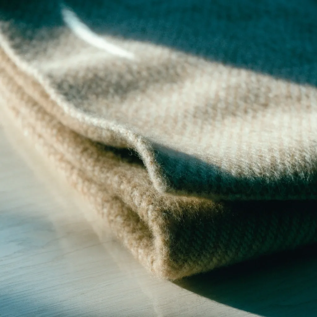 A folded wool blanket edge resting on a birch floor in low morning light