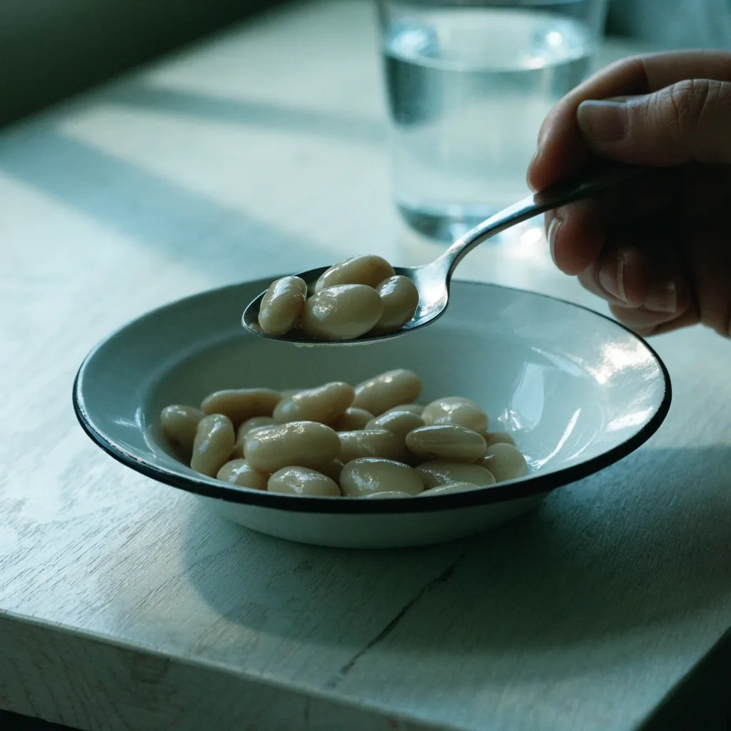A water glass and a shallow dish of cooked butter beans on a birch worktop in morning light