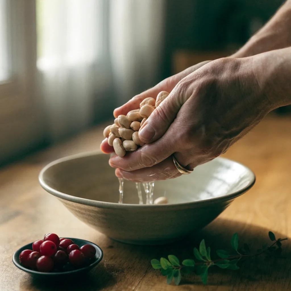 Butter beans, lentils and lingonberries laid out on a birch counter in morning light