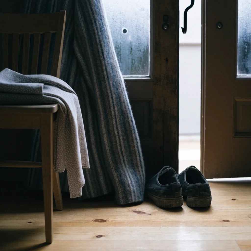 Walking shoes and a woollen coat waiting by a birch-floored hallway, ready for a daily walk