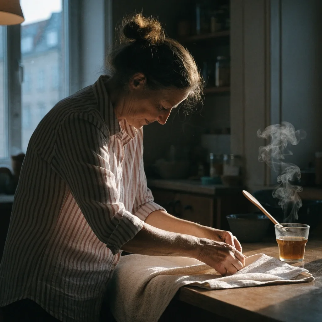 Folded linen and a wooden spoon on birch, with steam rising from a cup at the frame edge