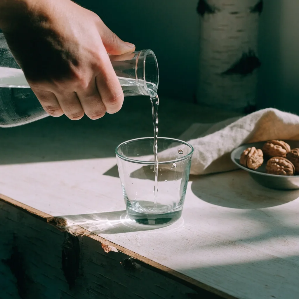 Water poured from a glass jug into a squat glass on a birch counter with walnuts behind