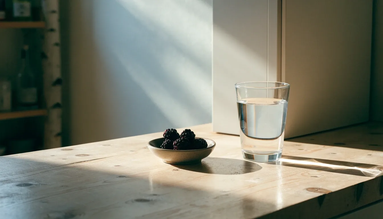 Low morning light across a birch kitchen counter with a glass of water and a bowl of dark berries