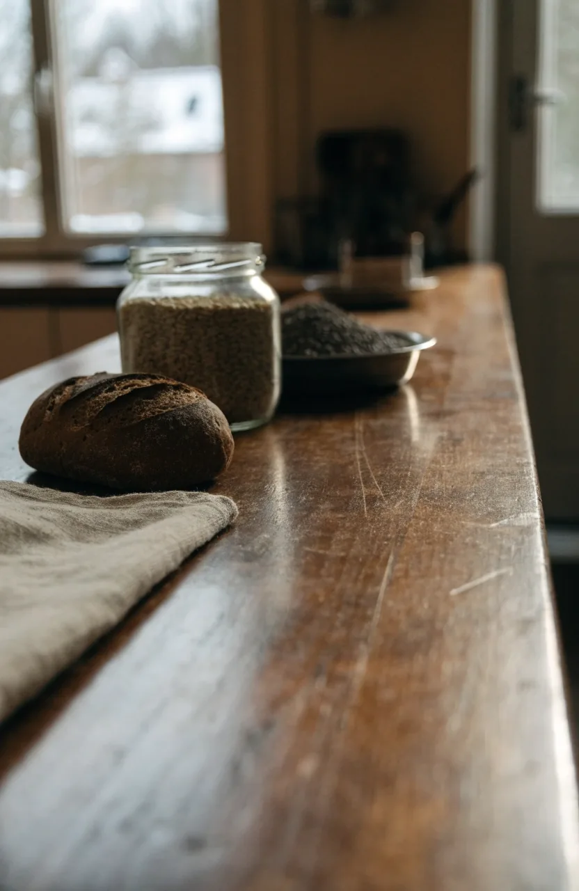 Sliced dark rye bread on a birch board with bowls of oats and buckwheat beside it