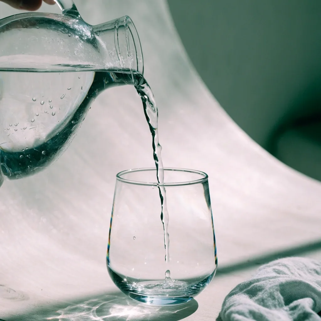 Water poured from a glass jug into a squat drinking glass on a birch surface