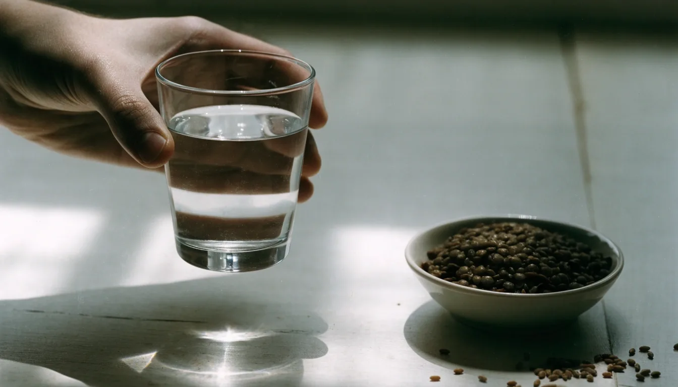 Winter morning light falling in stripes across a birch kitchen counter with a glass of water and a bowl of dark berries