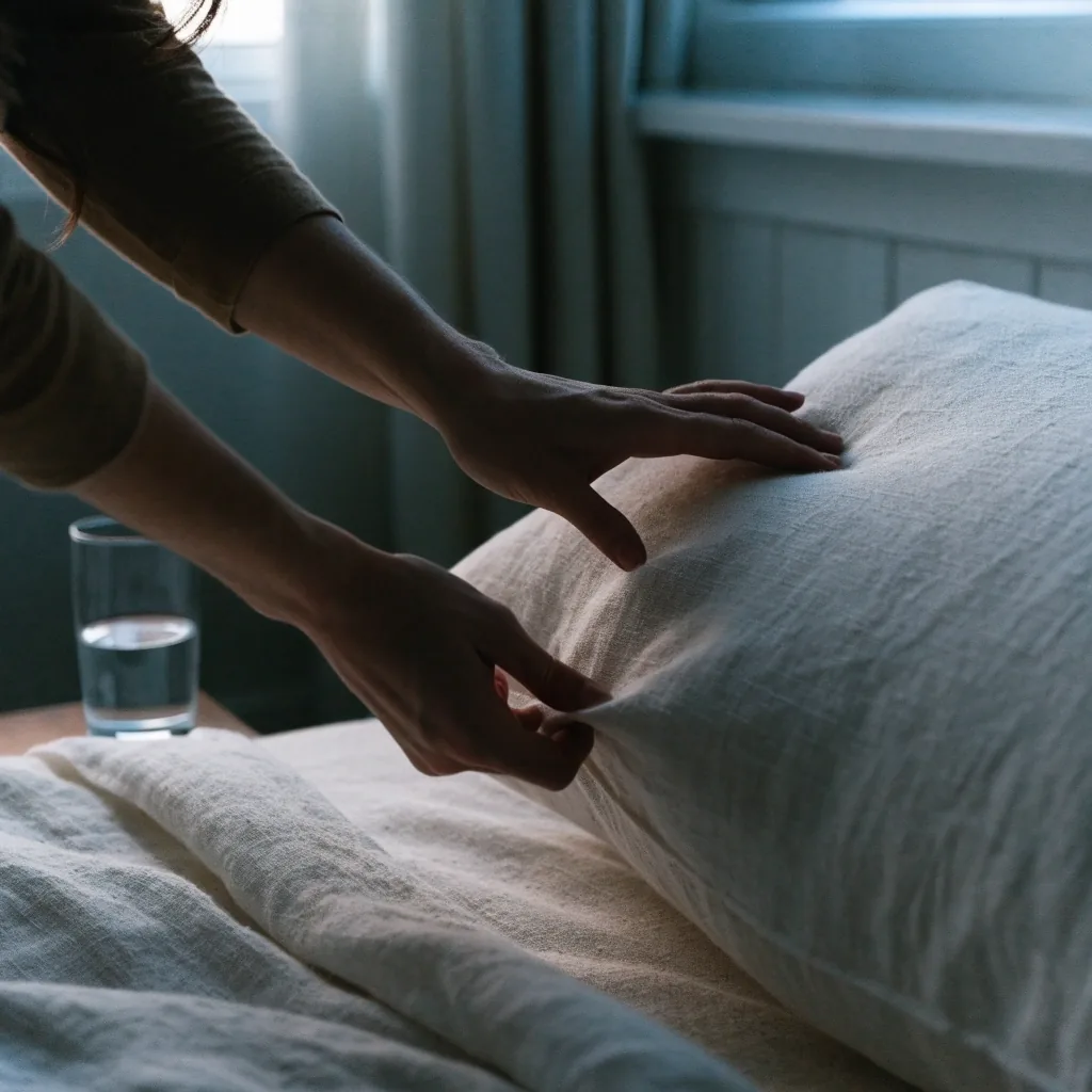 Bedside still life at first light with water glass, folded linen and a closed notebook