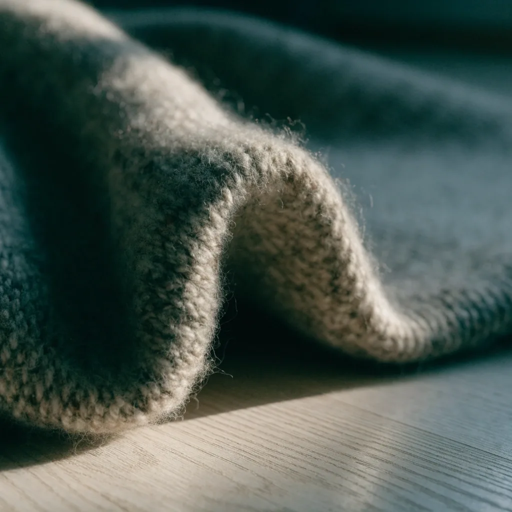 Macro detail of a folded wool blanket edge on a pale birch floor