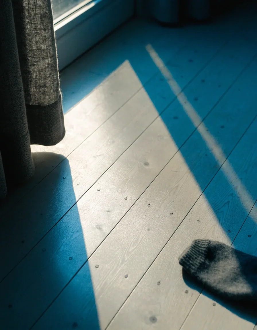 Morning daylight falling in a long band across a pale birch floor from a tall window