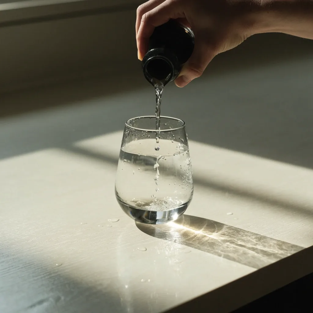 Water poured into a squat glass on a birch counter in early morning light
