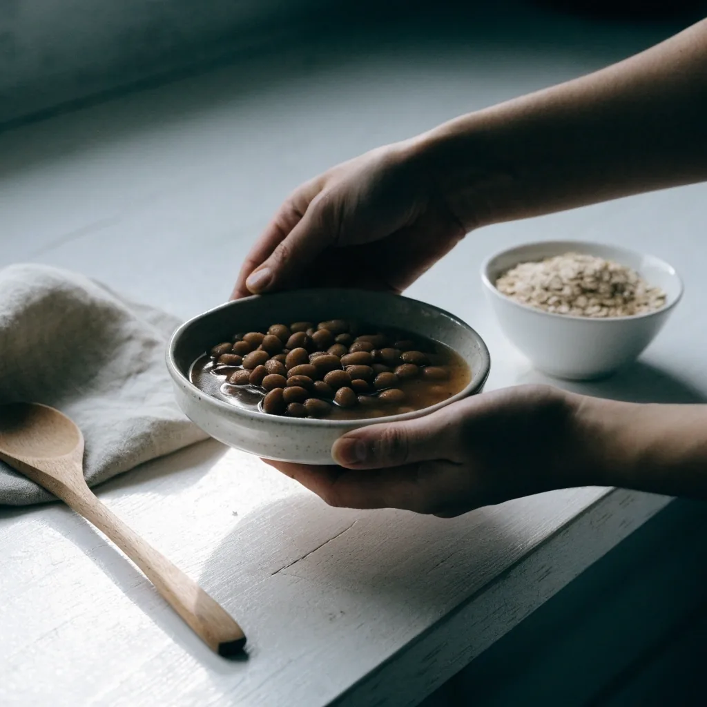 A stoneware bowl of cooked butter beans beside rolled oats on a birch board in morning light